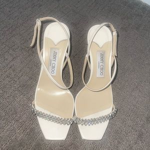 Jimmy Choo Meira 85 Latte Nappa Sandals with Crystal Embellishment (USED)